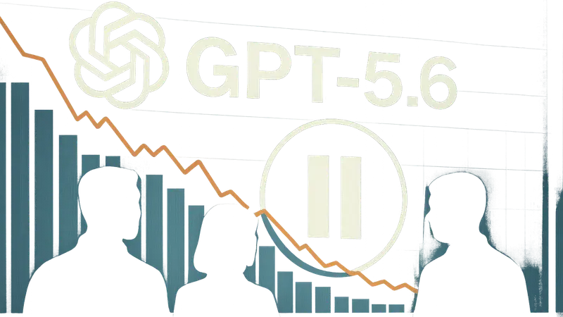 Логотип OpenAI с подписью GPT-5.6, на фоне диаграммы, символизирующей задержку или паузу.