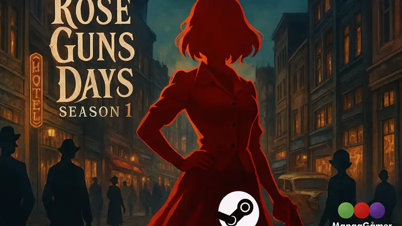 Обложка игры Rose Guns Days Season 1 и логотипы Steam, MangaGamer