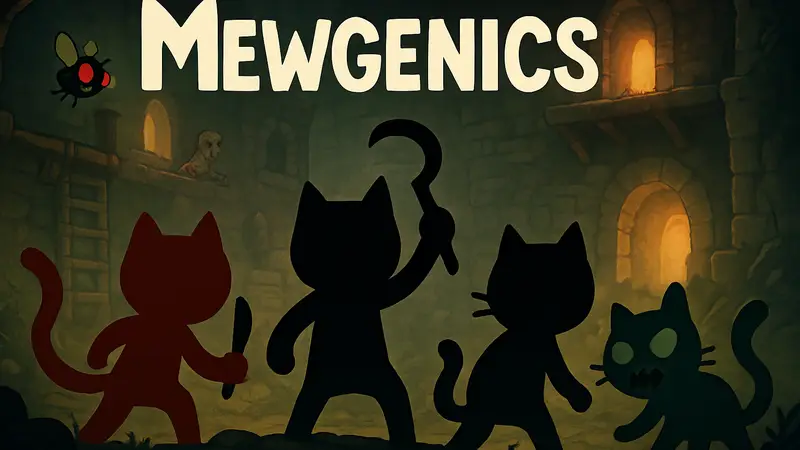 Игровой процесс Mewgenics, стилизованные коты в RPG игре, логотип Mewgenics