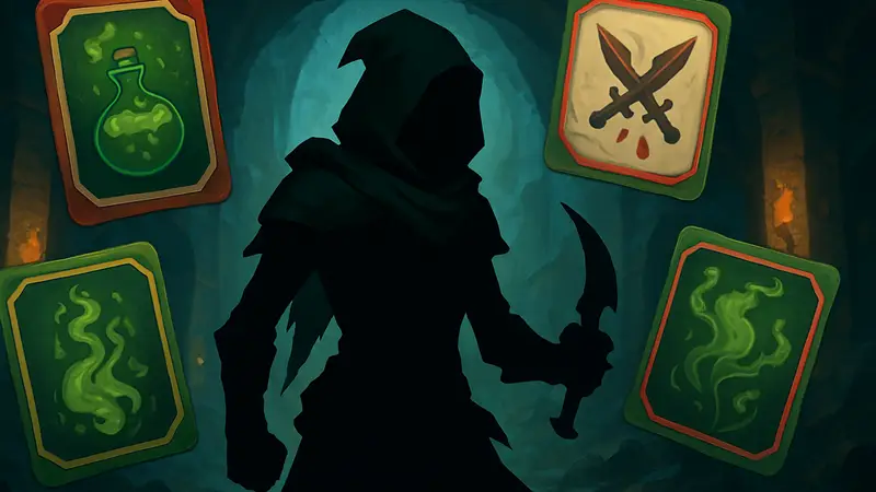 Персонаж Silent из Slay the Spire 2 готовится к бою, окруженный картами яда и атак.