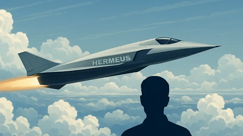 Автономный гиперзвуковой истребитель Hermeus в полёте на фоне облаков.