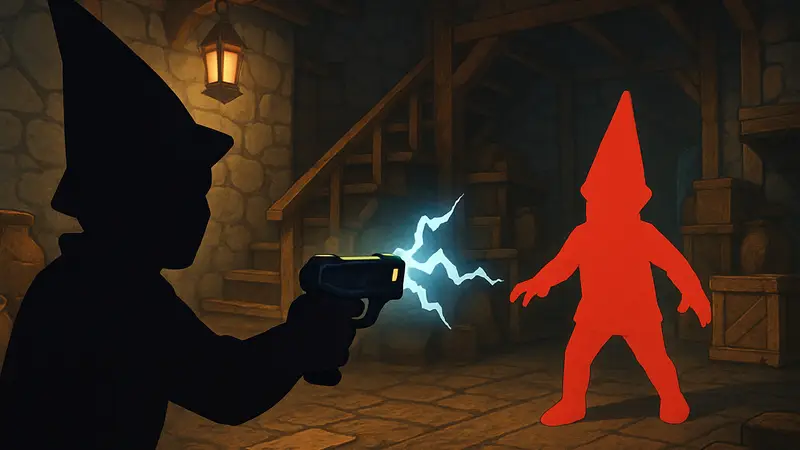 Игрок в Burglin' Gnomes держит электрошокер, прицеливаясь в противника.