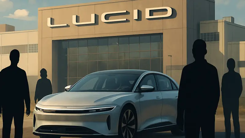 Логотип Lucid Motors на фоне электромобиля или завода