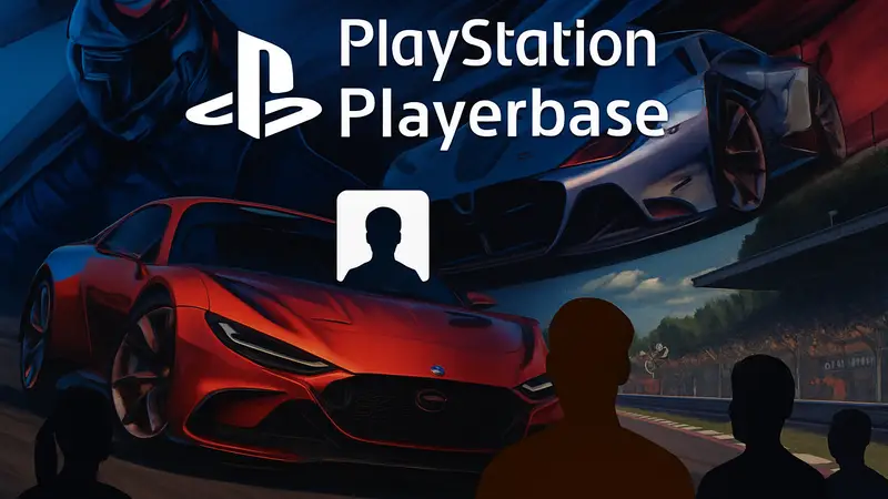 Логотип PlayStation Playerbase на фоне игр PS5, фанаты в Gran Turismo 7.