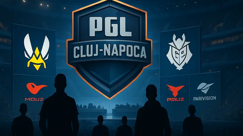 Эмблема турнира PGL Cluj-Napoca на фоне киберспортивной арены с логотипами команд