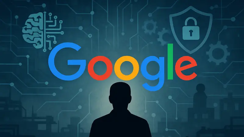 Логотип Google с элементами искусственного интеллекта, символизирующими обновление правил поиска и борьбу со спамом ИИ.