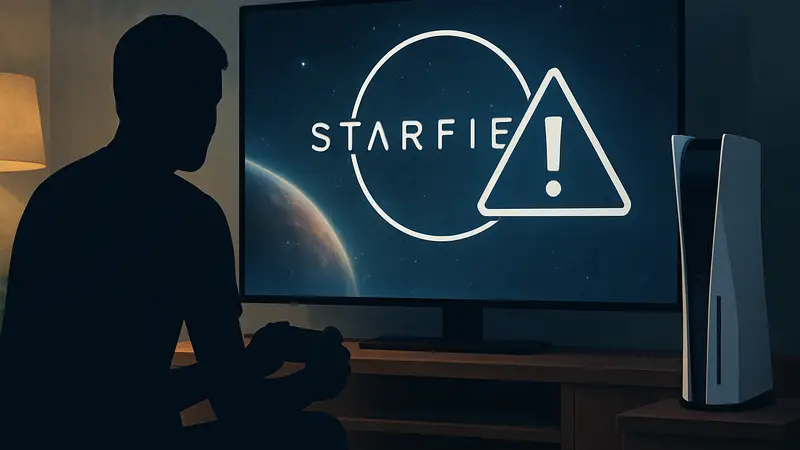 Логотип Starfield на фоне экрана PlayStation 5 с ошибкой вылета