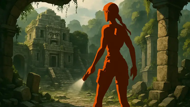 Лара Крофт из Tomb Raider I-III Remastered в режиме испытаний, исследует древние руины.
