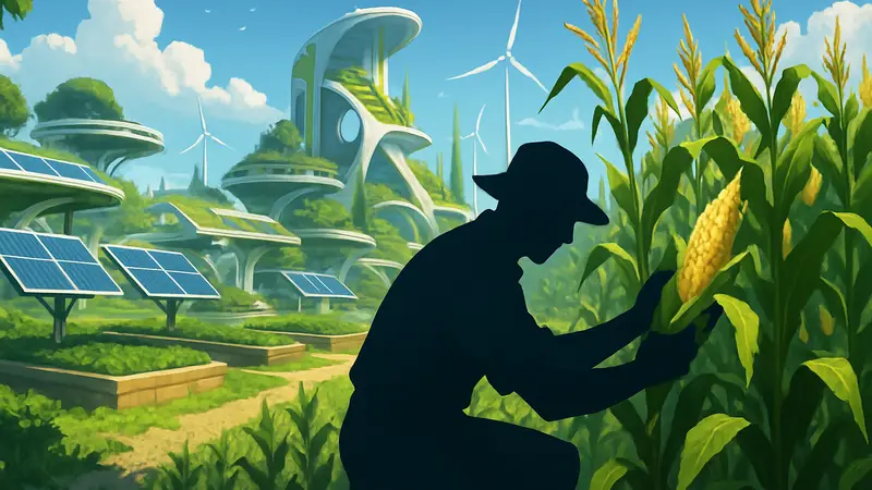 Игрок собирает урожай кукурузы на футуристической ферме в Solarpunk, скриншот геймплея