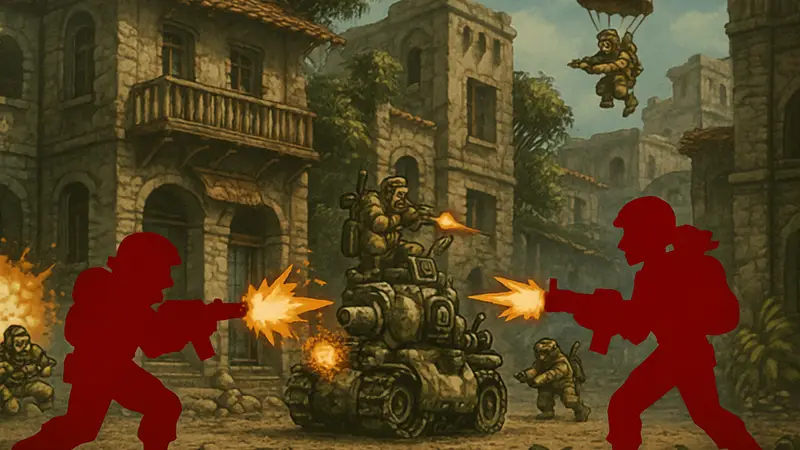 Кадр из игры Metal Slug с пиксельной графикой и персонажами, стреляющими по врагам