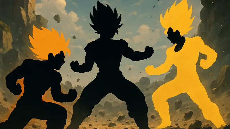 Персонажи Dragon Ball в различных формах Супер Сайяна, таких как Гоку, Веджета, Гохан в битве