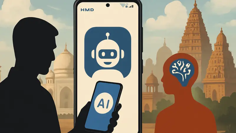 Смартфон HMD с интерфейсом чат-бота Indus, символизирующего индийский рынок и ИИ.
