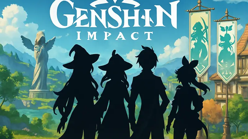 Обложка Genshin Impact с главными персонажами, иллюстрация баннеров Молитвы и ивентовых событий.