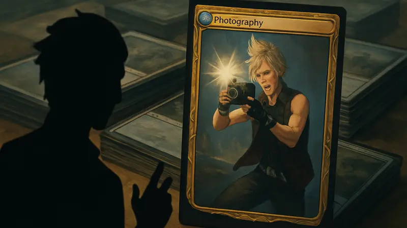 Карта Magic: The Gathering "Flash Photography" с изображением Пропто из Final Fantasy 15, на фоне пачки карт.