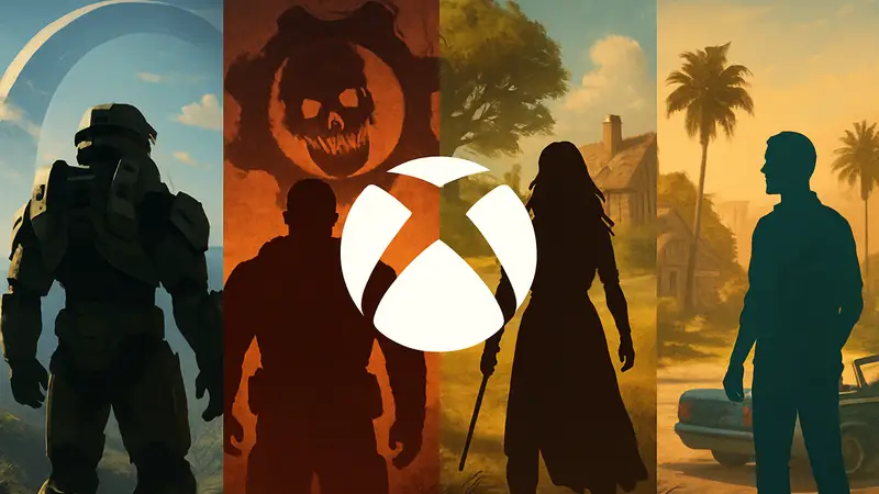 Логотип Xbox с изображениями игр Halo, Gears, Fable, намекающие на планы 2026 года и релиз GTA 6
