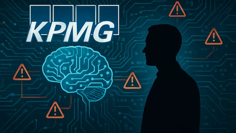 Логотип KPMG на фоне схемы, символизирующей искусственный интеллект и ошибки в данных.