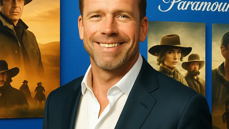 Тейлор Шеридан на красной дорожке, улыбающийся, с логотипом Paramount+ на заднем плане, окруженный постерями его сериалов.