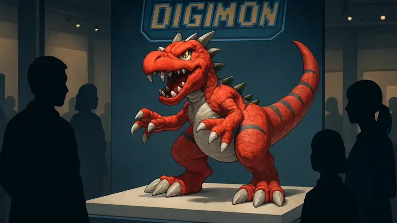 Коллекционная фигурка Digimon Тиранномона в 3D-представлении на выставочном стенде.