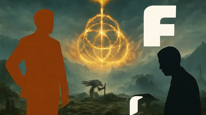 Логотип Elden Ring на фоне игрового мира и логотипа FromSoftware.