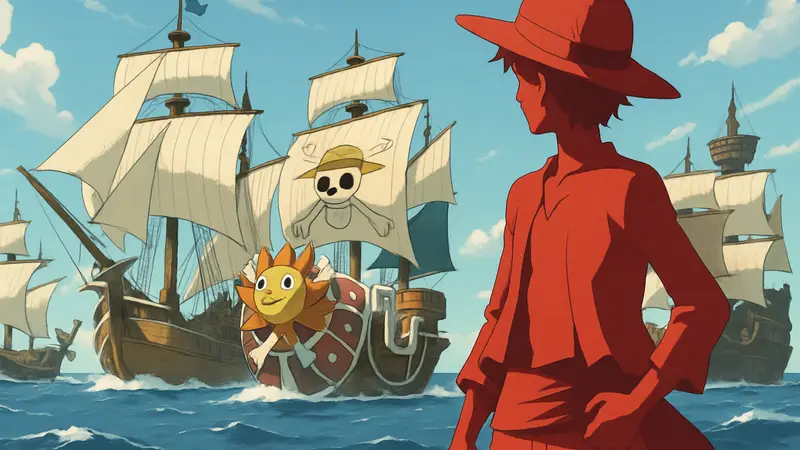 Луффи из One Piece и его новый легендарный флот, парусники, приключения в аниме-стиле.