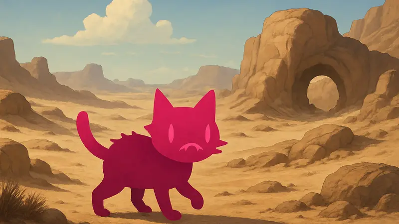 Mewgenics: кошка-мутант в пустынном пейзаже, ведущая в Акт 2.