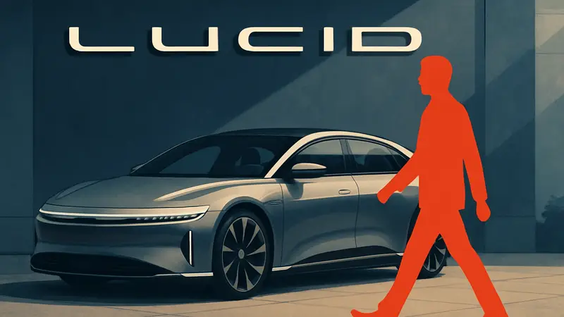 Электромобиль Lucid Air, на фоне которого виден логотип Lucid Motors, символизирующий кадровые изменения в компании.
