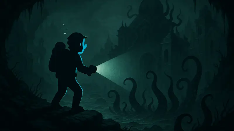 Концепт-арт игры в стиле Лавкрафта, вдохновлённой Dave The Diver, подводный хоррор.