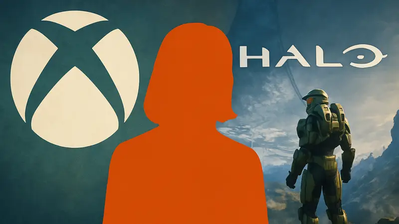 Фотография Кики Вулфкилл, на фоне логотипа Xbox или Halo.