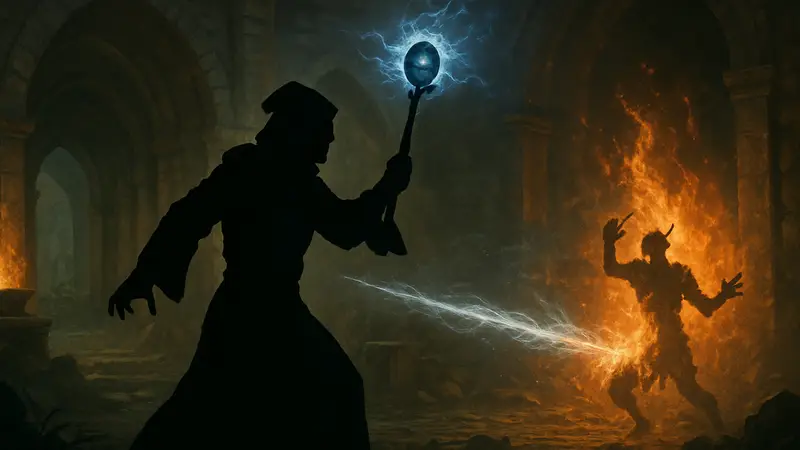 Варлок из Diablo 2 Resurrected в битве, используя магические способности и Echoing Strike.