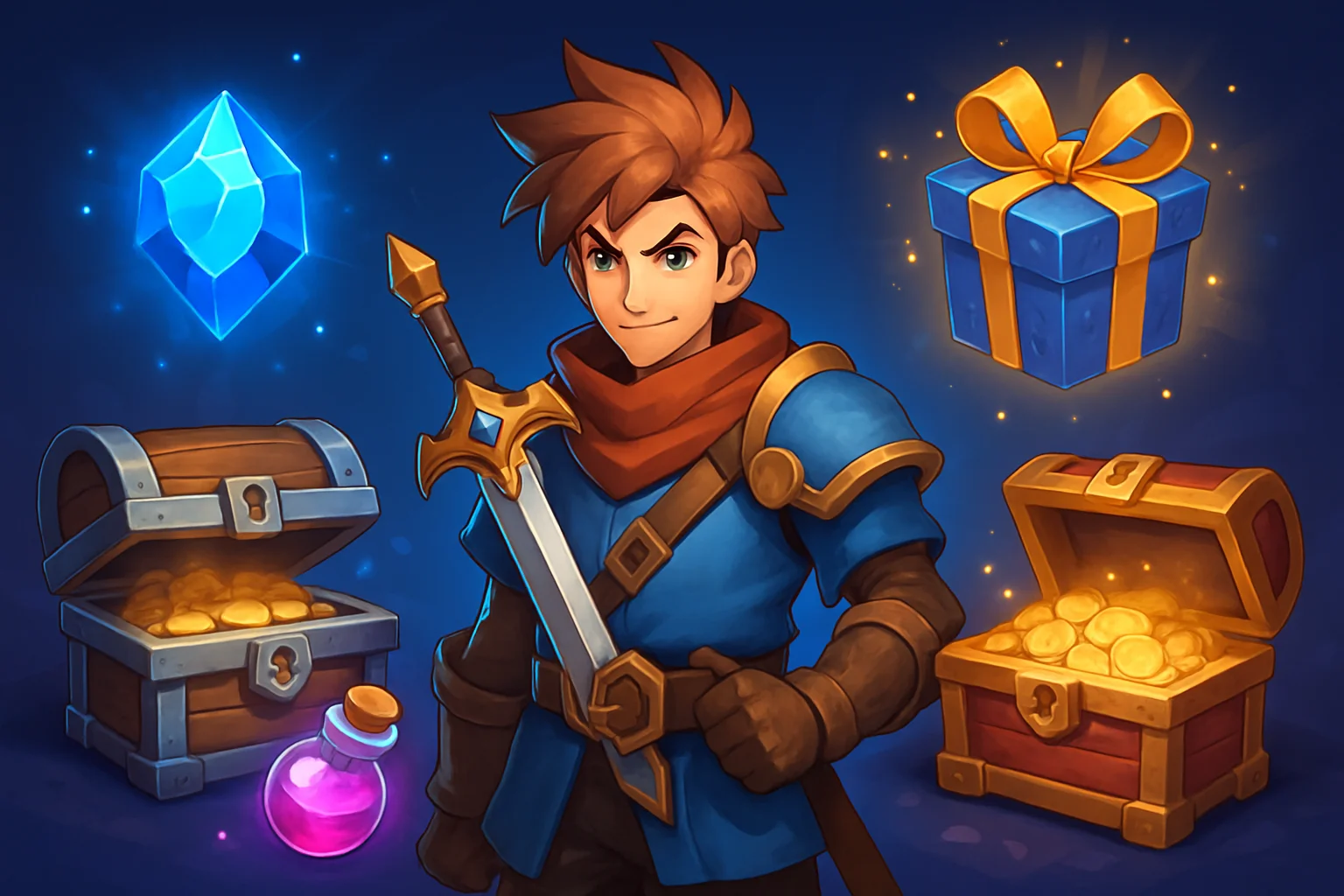 Игровой персонаж из Dragon Traveler, окруженный светящимися предметами и сундуками с сокровищами, символизирующими коды.