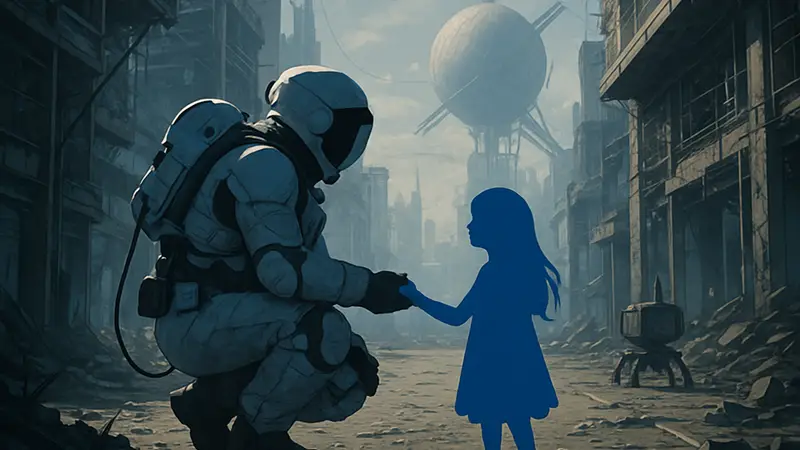 Персонажи из игры Pragmata в футуристической обстановке, демонстрирующие уникальные отношения.