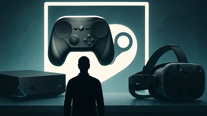 Логотип Valve на фоне устройств Steam Machine, Steam Controller и Steam Frame VR