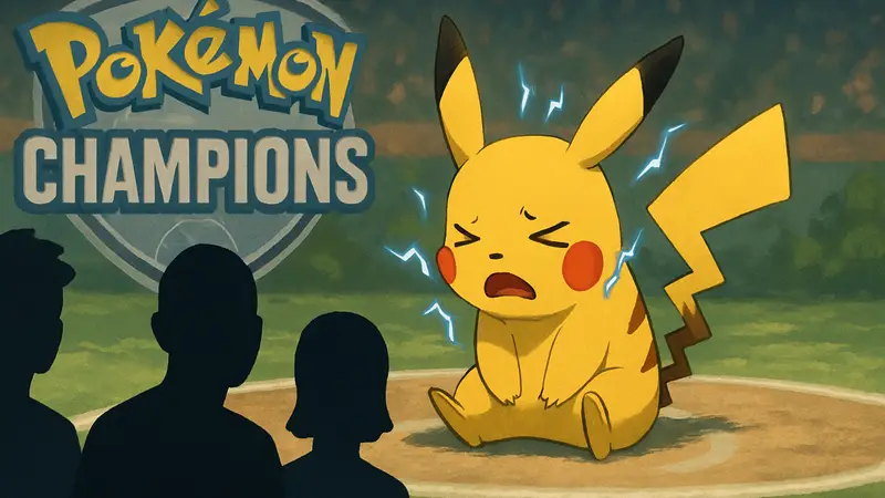 Покемон Пикачу с эффектом паралича и логотипом Pokémon Champions