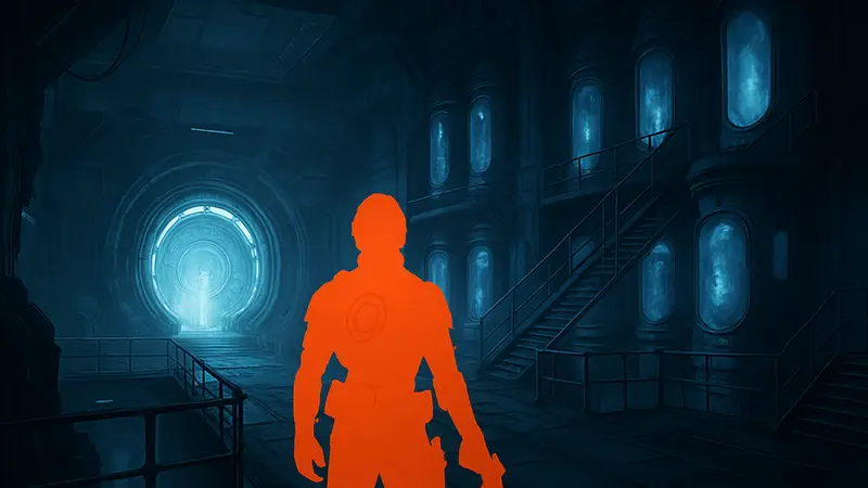 Скриншот из игры Marathon, персонаж исследует новую локацию Крио Архив.