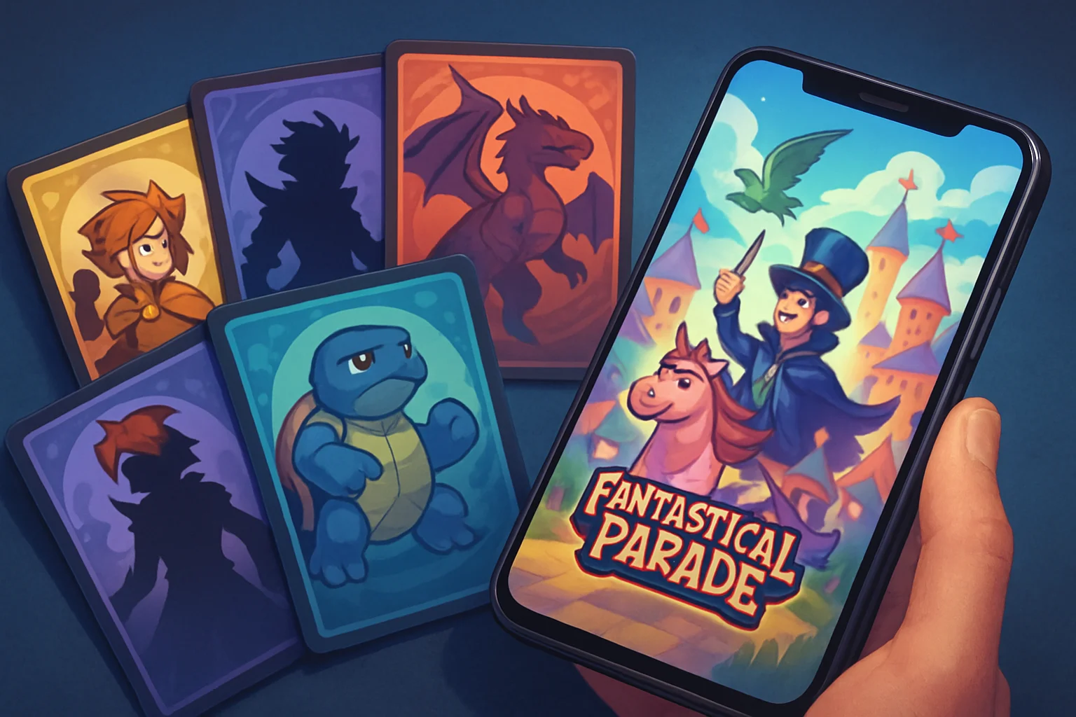 Набор карточек из Pokemon Trading Card Game Pocket с логотипом расширения "Fantastical Parade" на мобильном экране.
