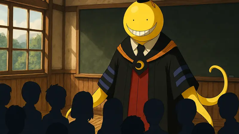 Кадр из аниме Assassination Classroom с учителем Коро-сенсеем и учениками