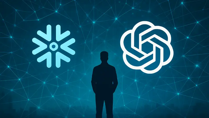 Логотипы Snowflake и OpenAI на фоне сетевых соединений, символизирующие партнёрство в области ИИ.