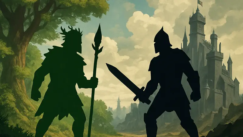 Обложка настольной игры Ironwood, показывающая противостояние воинов стали и дерева