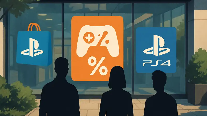 Логотипы PlayStation Store, PS5 и PS4 на фоне значка распродажи со скидками на игры.