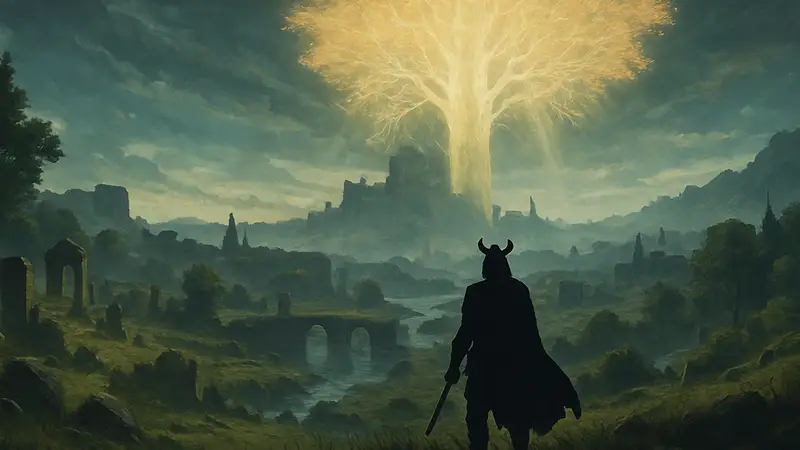 Скриншот из Elden Ring, показывающий большой открытый мир с мистическим деревом на горизонте.