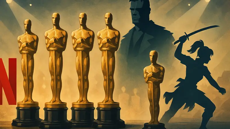 Пять статуэток Оскар, логотипы Netflix, фильма «Франкенштейн» и «KPop Охотники на демонов»