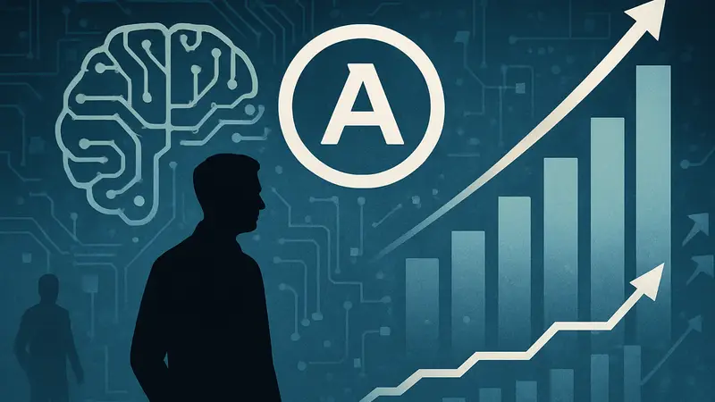 Логотип Anthropic на фоне символических элементов искусственного интеллекта и графиков роста.