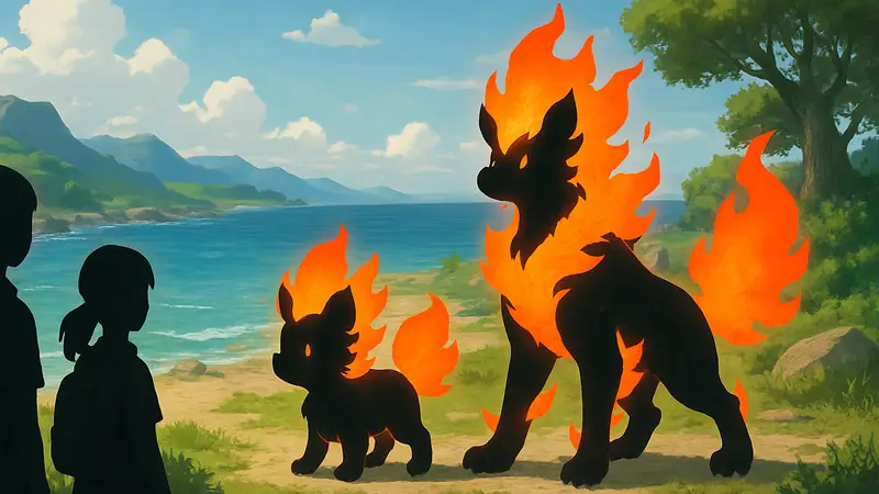 Фанарт эволюций покемона Pombon из игры Pokemon Winds and Waves. Изображения огненных существ.