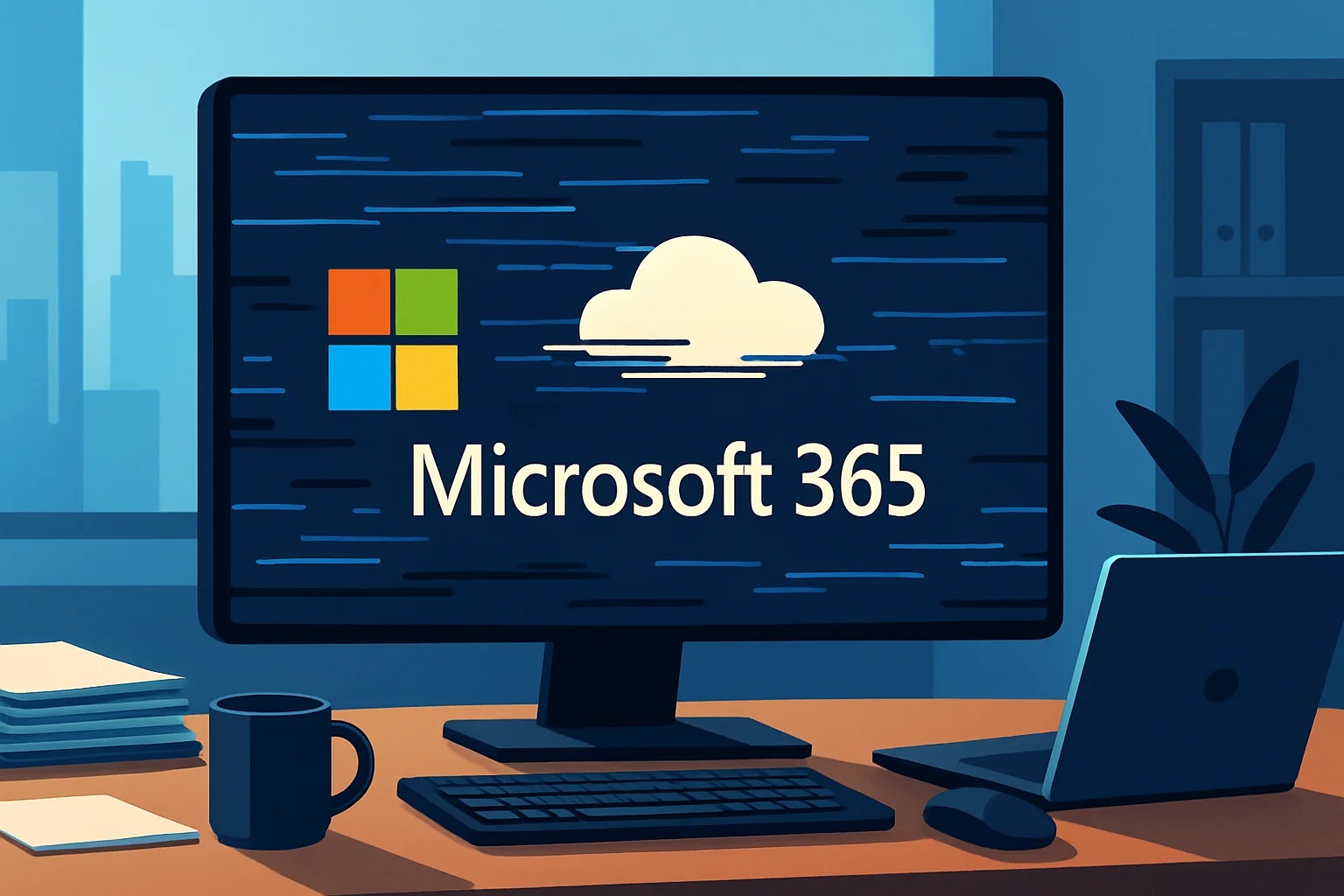 Зависающий экран с логотипом Microsoft 365 на фоне офисного стола, символизирующий сбой сервиса.