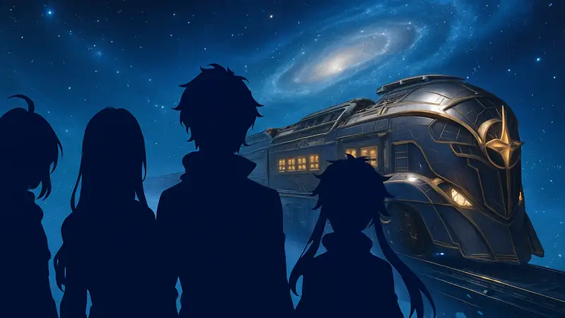 Игровые персонажи из Honkai Star Rail 4.0 на фоне космического поезда.