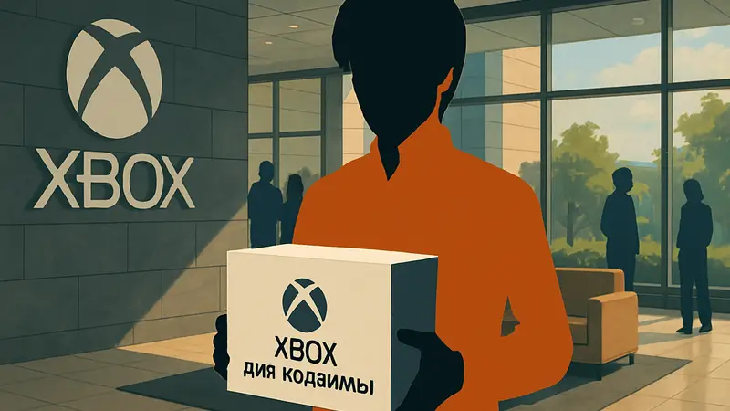 Хидео Кодзима держит коробку с логотипом Xbox, на которой написано "Xbox для Кодзимы".