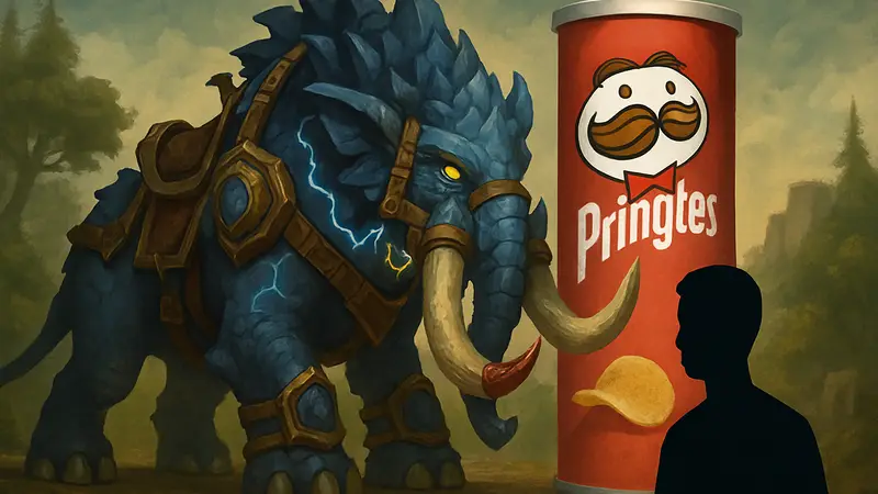 Игровой маунт Thunder-Ridged Elekk из World of Warcraft и пачка чипсов Pringles на фоне.