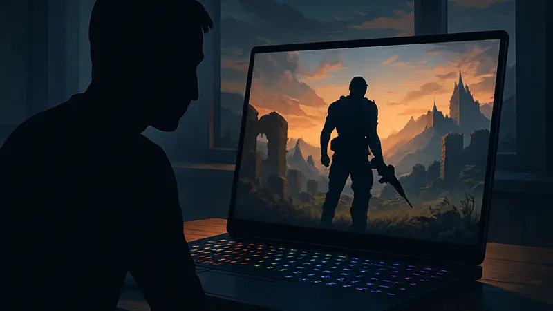 Игровой ноутбук с подсветкой клавиатуры, демонстрирующий высокое разрешение экрана в игре