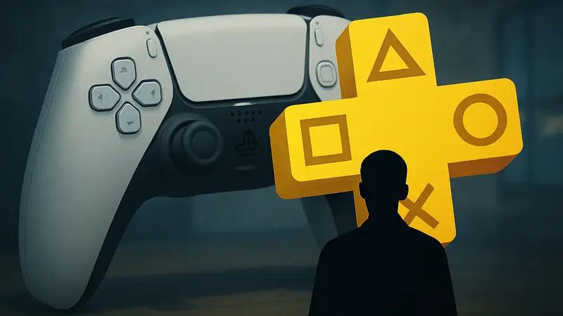 Логотип PlayStation Plus на фоне игрового контроллера Sony DualSense