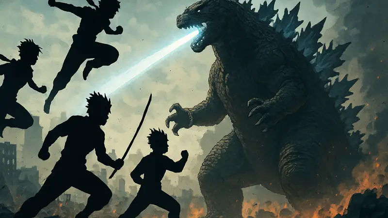 Годзилла против нескольких шотонен-героев из аниме, иллюстрация их эпической битвы и сражений
